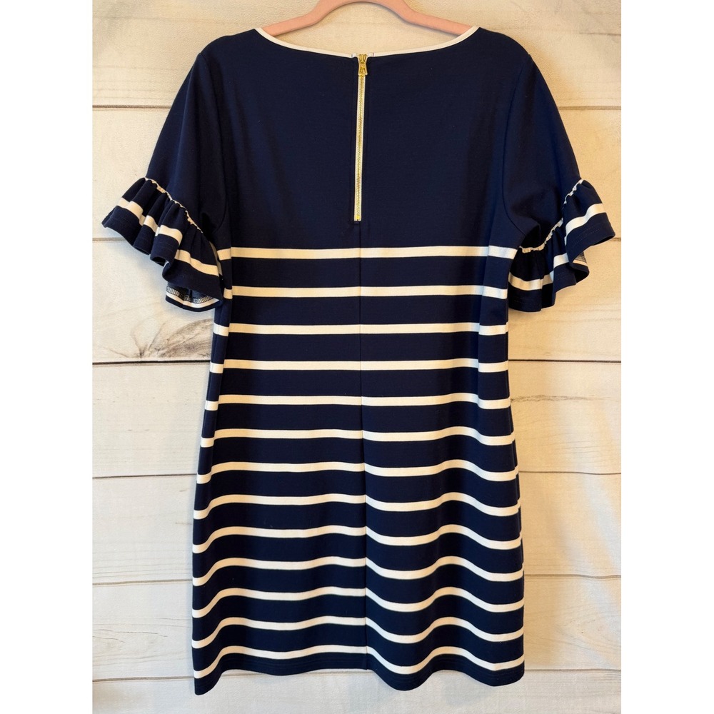 Sail to Sable Navy White Striped Ruffle Sleeve Shift Dress Gold Zip Large - Picture 5 of 5